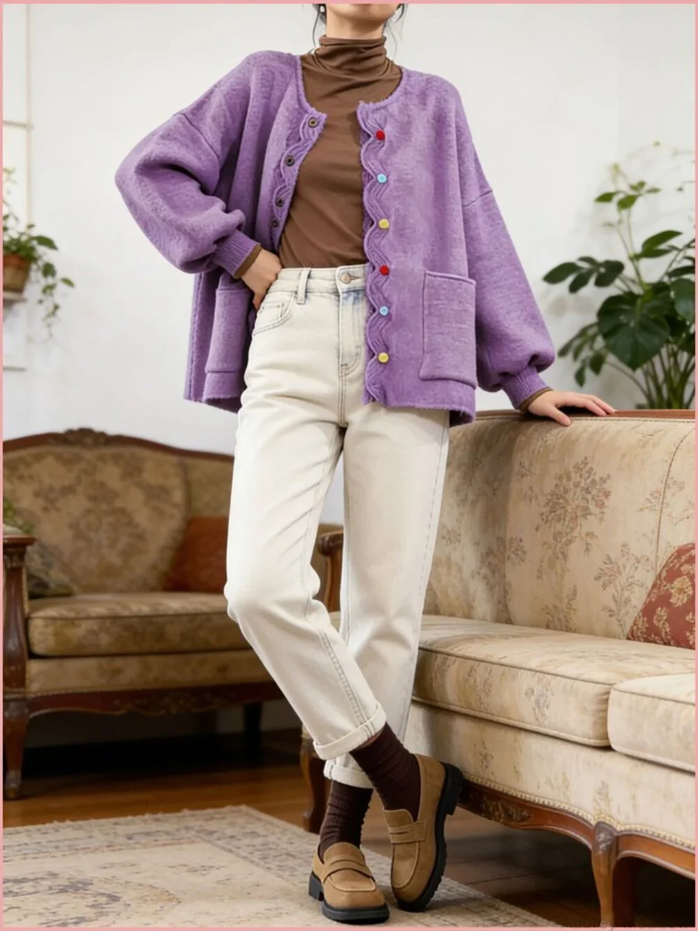 Oversized Knit Cardigan with Puff Sleeves and Pockets